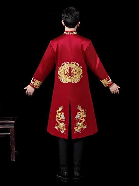 Red Groom's Magua 新郎馬褂 with Golden Dragon Design for Chinese Ceremony