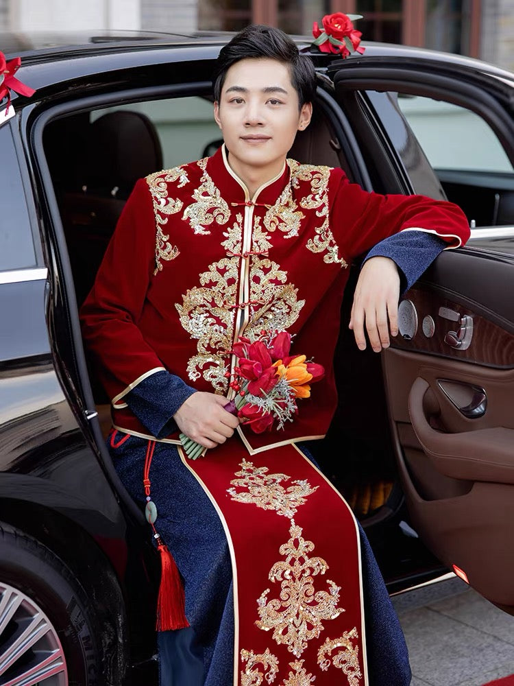 Royal Red Wedding Qun Kua/Cheongsam 新郎龍鳳卦 with Royal Blue Accent (Groom)