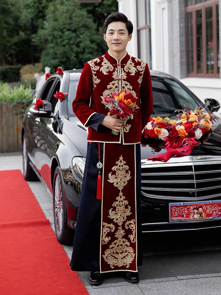 Royal Red Wedding Qun Kua/Cheongsam 新郎龍鳳卦 with Royal Blue Accent (Groom)