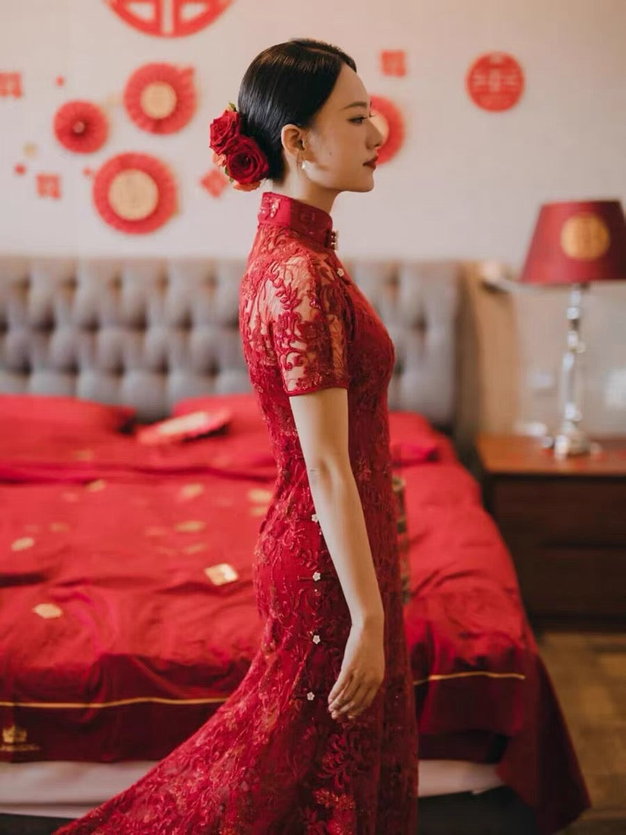 Elegant Red Lace Qipao with Stunning Detailing