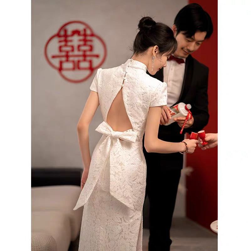 White Floral Lace Qipao with Pretty Back Bow