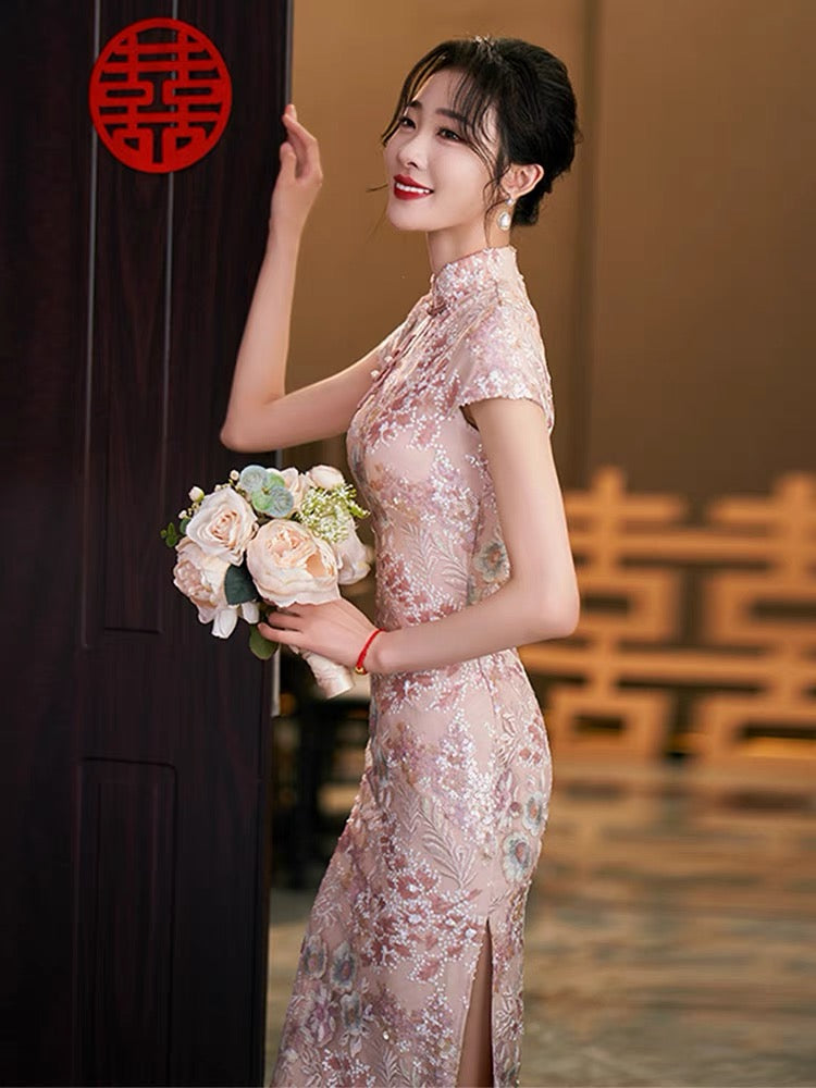 Precious Pink Qipao with Elegant Beadwork
