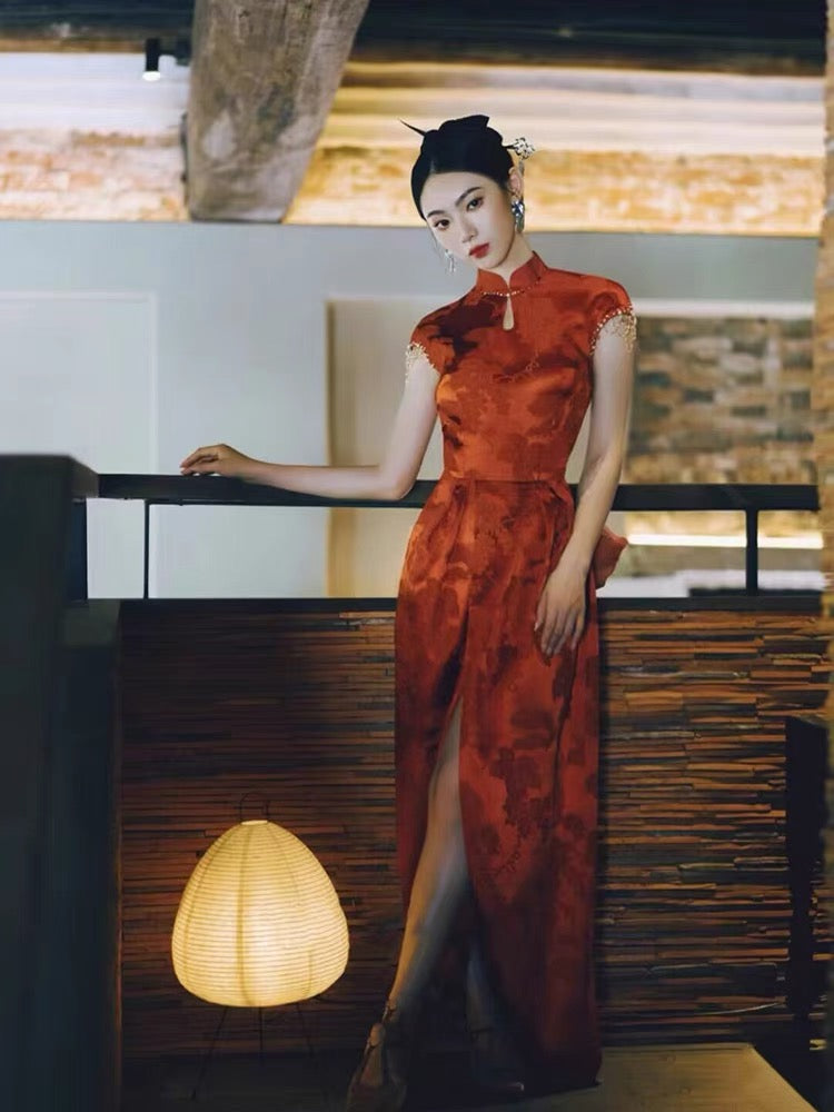 Chic Red Qipao with Stunning Sleeve Detail