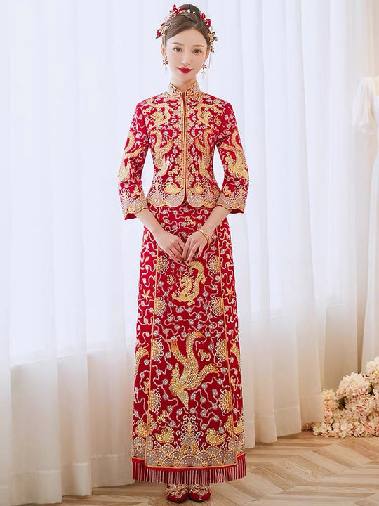 Wedding Qun Kua 龍鳳卦/秀禾服 for Bride with Deep Gold Chinese Dragon Embroidery