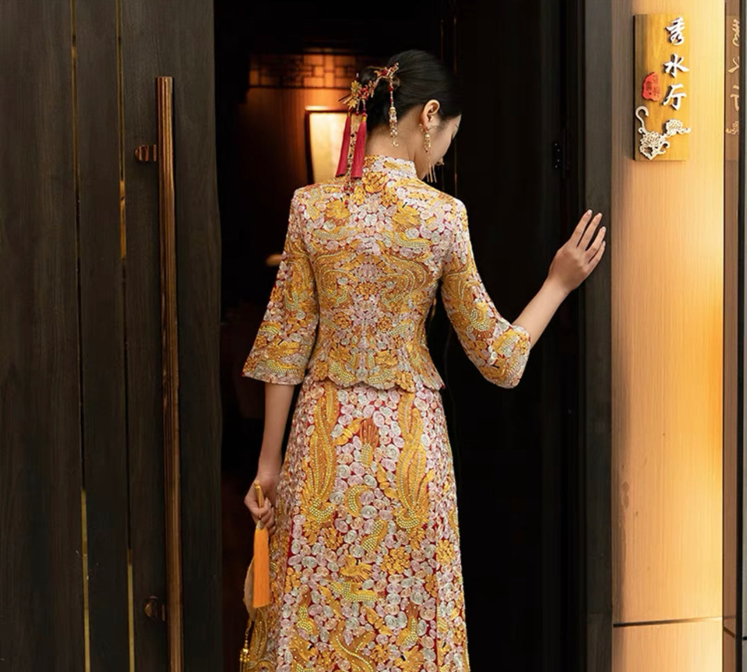 Stunning Fully Embroidered Wedding Qun Kua 龍鳳卦/秀禾服 for Bride