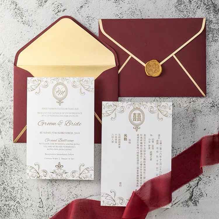 40 SETS Burgundy Dark Red Gold Foil Chinese Wedding Invitation Set