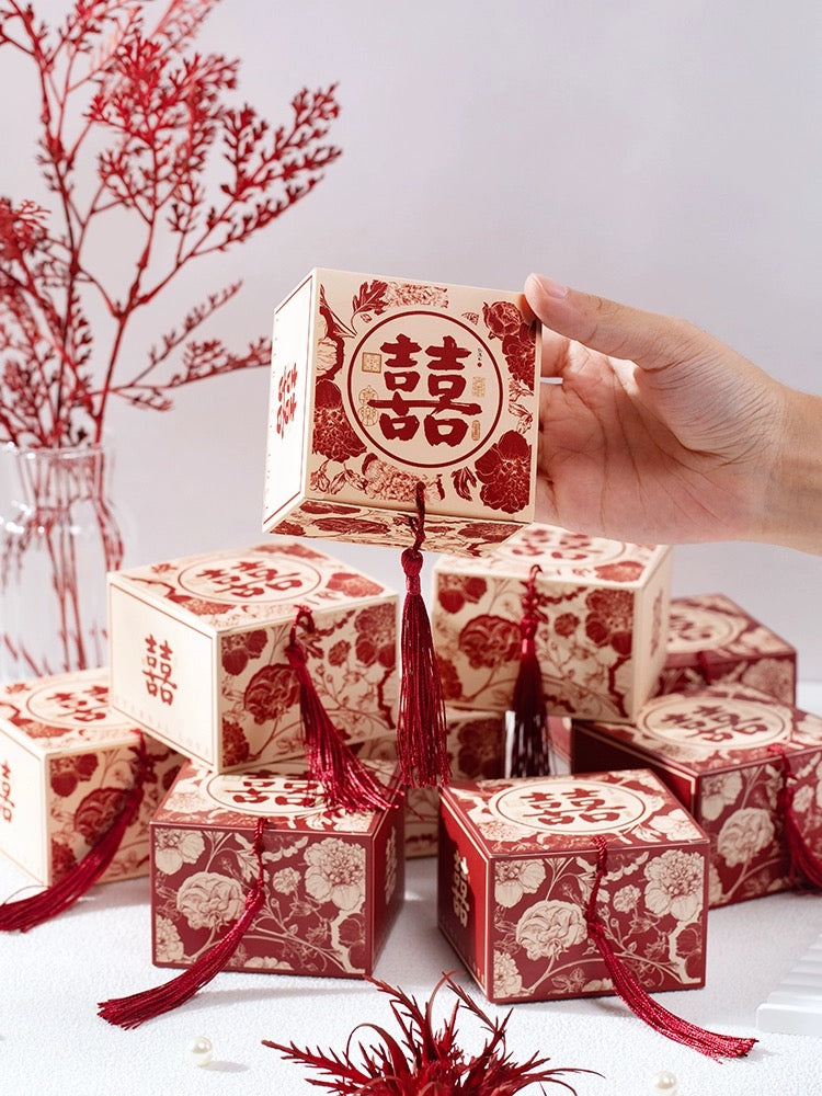 50 BOXES Floral Patterned Double Happiness Red Wedding Candy Gift Box