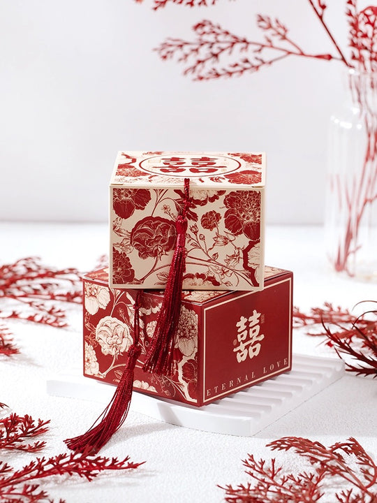 50 BOXES Floral Patterned Double Happiness Red Wedding Candy Gift Box