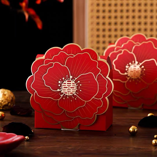 50 BOXES Red & Gold Foiled Floral Chinese Wedding Candy Boxes