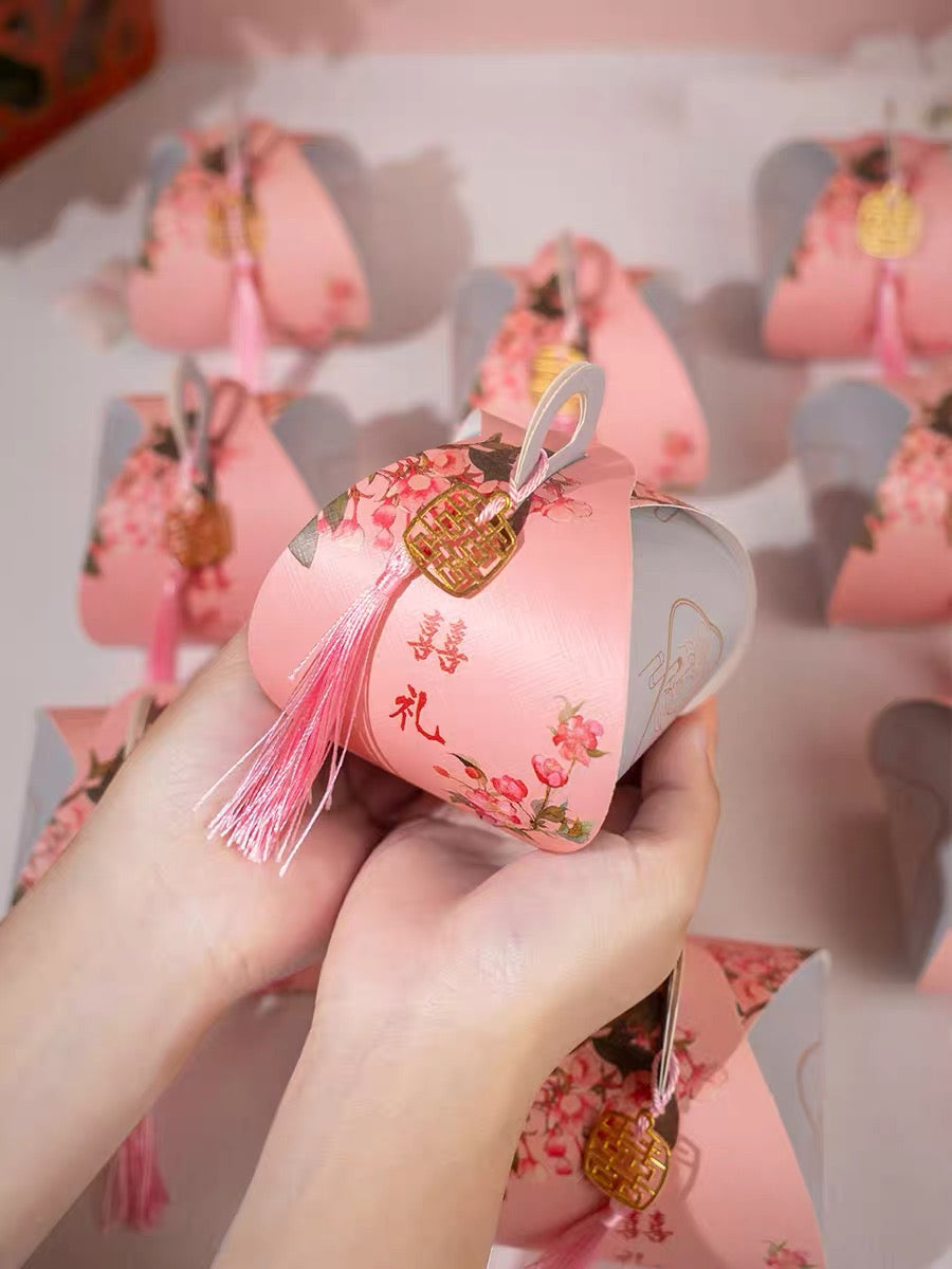 50 BOXES Pink Double Happiness Wedding Favor Boxes with Gold Tassel