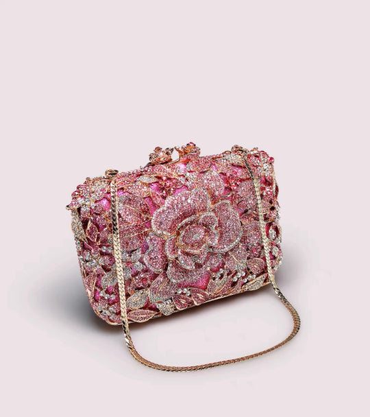 Encrusted Pink Red Wedding Clutch with Stunning Floral Details