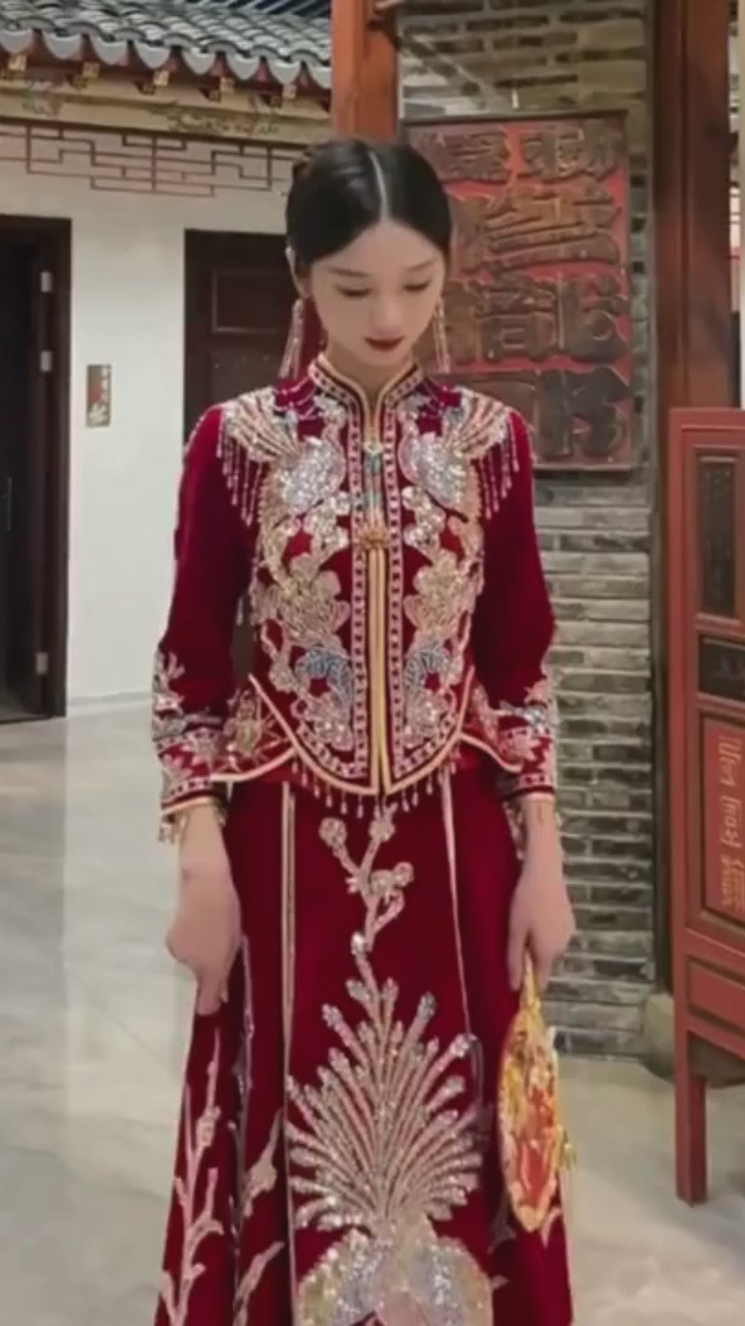 Beaded Top and Skirt Wedding Qun Kua 龍鳳卦/秀禾服 With Blue Accents for Bride in Elegant Red Color
