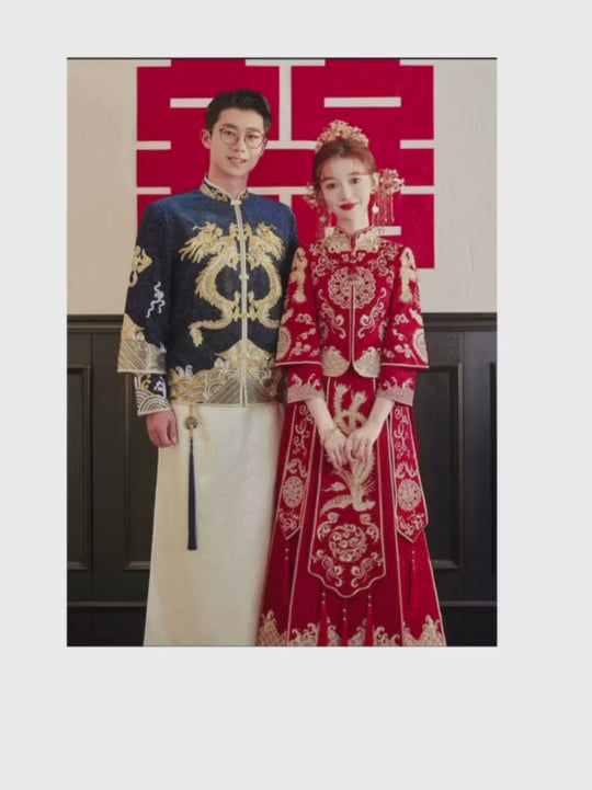 Modern Wedding Qun Kua with Double Happiness Symbol 龍鳳卦/秀禾服 for Bride in Red & Gold