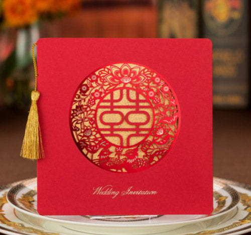 40 SETS Chinese Wedding Invitation With Red Laser Cut Double Happiness Design & Gold Tassel