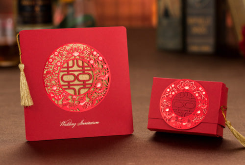 40 SETS Chinese Wedding Invitation With Red Laser Cut Double Happiness Design & Gold Tassel
