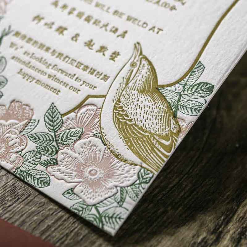 40 SETS Letterpress Cotton Invites with Golden Floral Bird