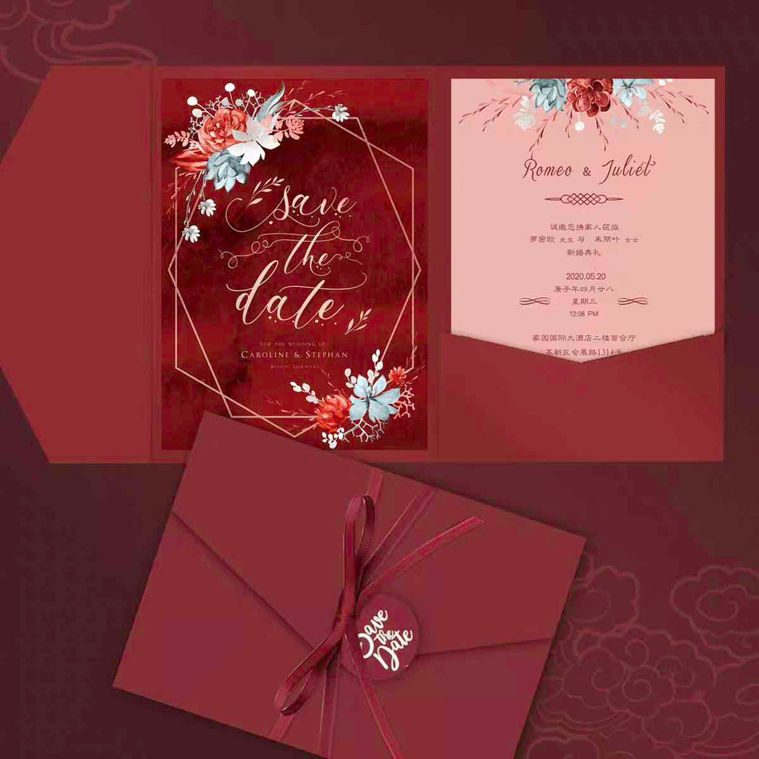 40 SETS Unique Chinese Wedding Invitation Set with Floral Design
