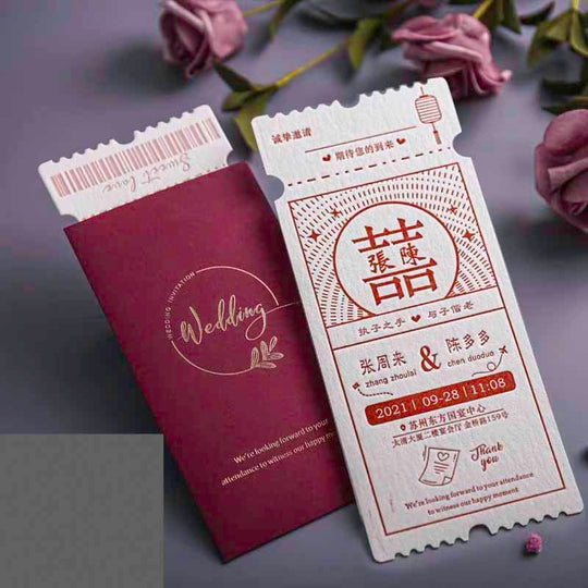 40 SETS Letterpress Cotton Invites with Ticket Pocket Design