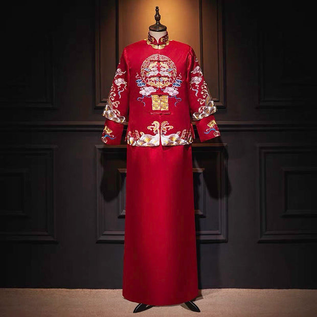 Groom's Wedding Qun Kua/Cheongsam 男士龍鳳卦 for Men in Red Top with Golden Embroidery