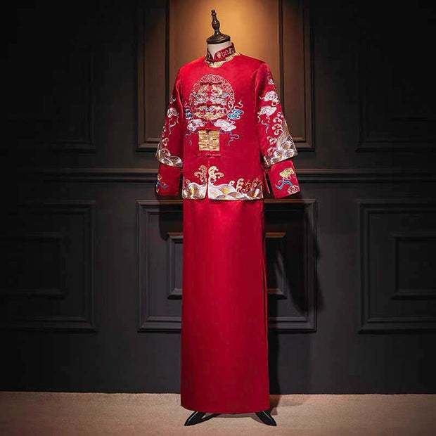 Groom's Wedding Qun Kua/Cheongsam 男士龍鳳卦 for Men in Red Top with Golden Embroidery