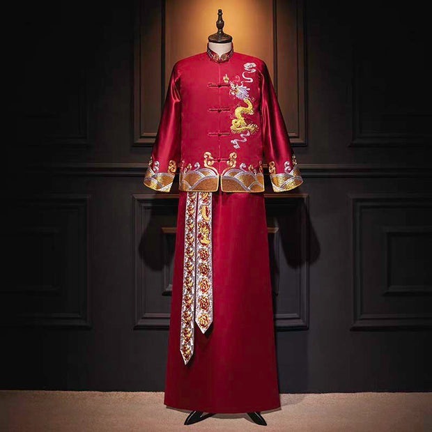 Groom's Wedding Qun Kua/Cheongsam 男士龍鳳卦 for Men in Royal Red with Subtle Dragon Embroidery