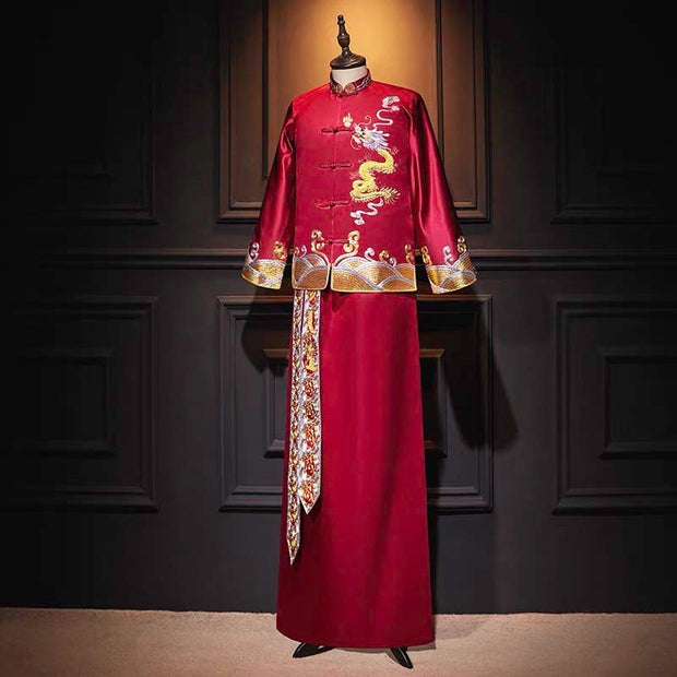 Groom's Wedding Qun Kua/Cheongsam 男士龍鳳卦 for Men in Royal Red with Subtle Dragon Embroidery