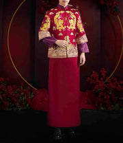 Groom's Wedding Qun Kua/Cheongsam 男士龍鳳卦 for Men in Royal Dragon Red with Cloud Pattern