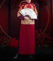 Groom's Wedding Qun Kua/Cheongsam 男士龍鳳卦 for Men in Royal Dragon Red with Cloud Pattern