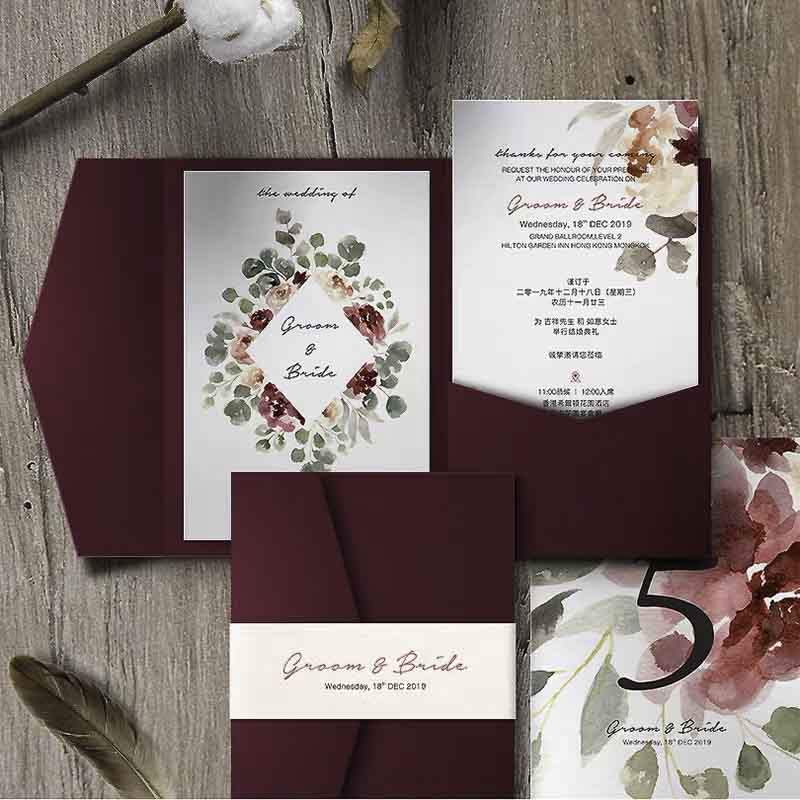60 SETS Red Floral  Design Wedding Invitations with Vellum Paper