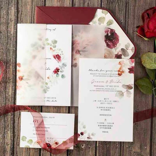 60 SETS Red Floral  Design Wedding Invitations with Vellum Paper
