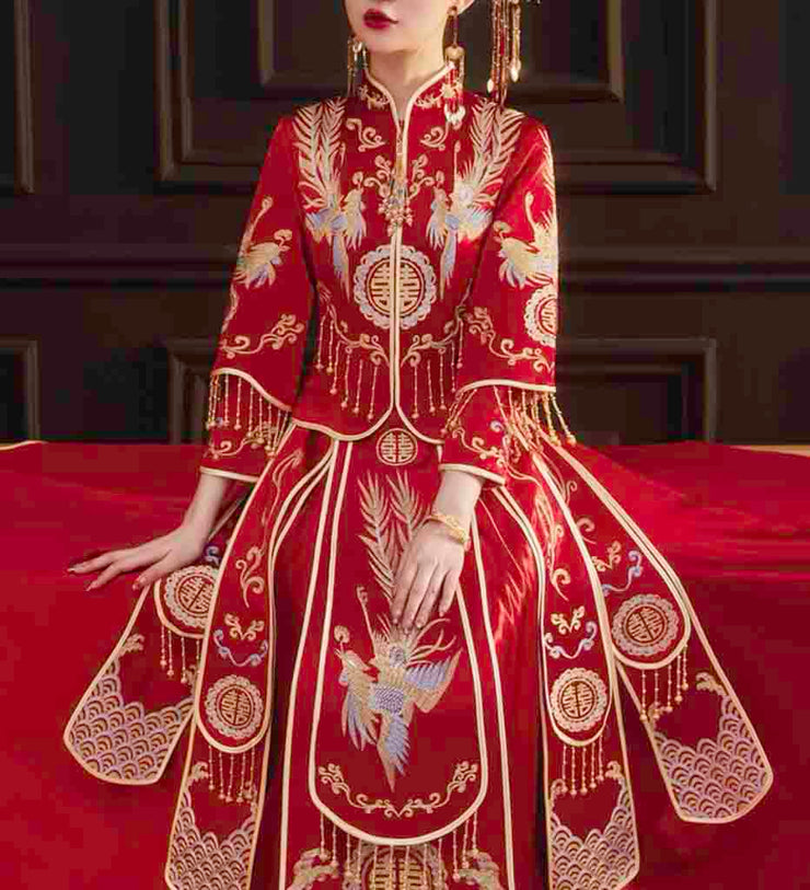 Beaded Coat and Skirt Wedding Kua 龍鳳卦/秀禾服 Qun Kua Cheongsam for Bride in Elegant Red Color