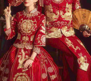 Coat and Skirt Wedding Kua 龍鳳卦/秀禾服 Qun Kua Cheongsam With Double Happiness for Bride in Elegant Red Color