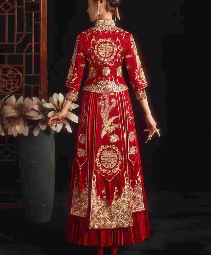 Coat and Skirt Wedding Kua 龍鳳卦/秀禾服 Qun Kua Cheongsam With Double Happiness for Bride in Elegant Red Color