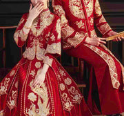 Embroidery Coat and Skirt Wedding Kua 龍鳳卦/秀禾服 Qun Kua Cheongsam With Golden Phoenix for Bride in Elegant Red
