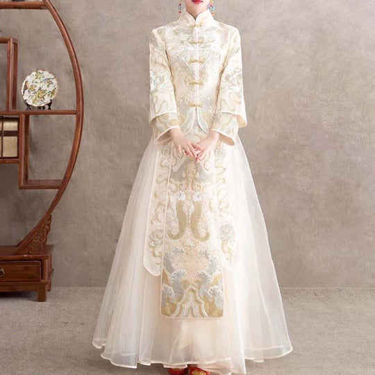 White Silk Organza Wedding Qun Kua 龍鳳卦/秀禾服 for Bride