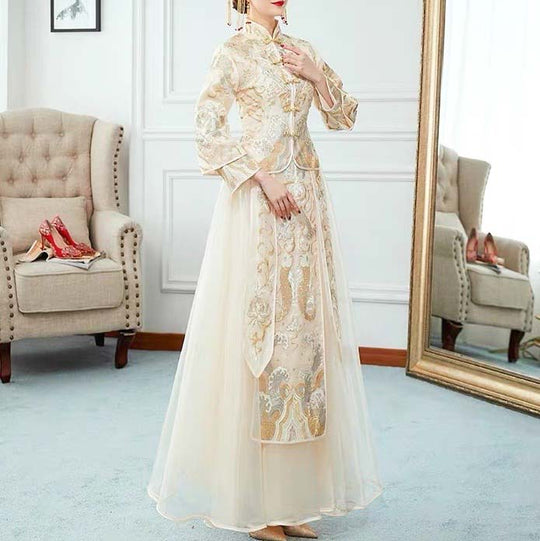 White Silk Organza Wedding Qun Kua 龍鳳卦/秀禾服 for Bride