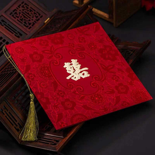 40 SETS Deep Red Floral Print Traditional Chinese Wedding Invitations with Gold Tassel Design