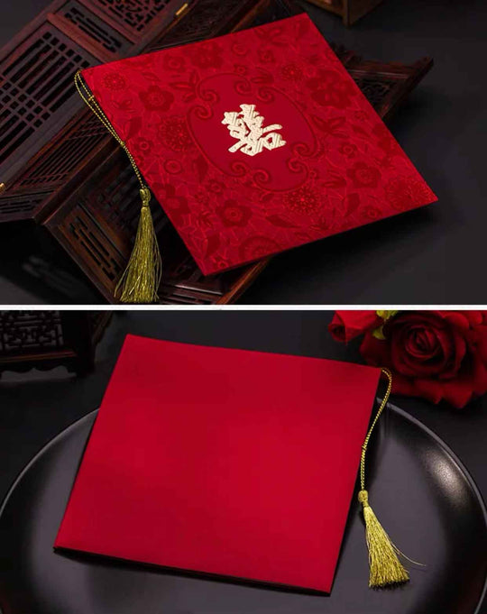 40 SETS Deep Red Floral Print Traditional Chinese Wedding Invitations with Gold Tassel Design