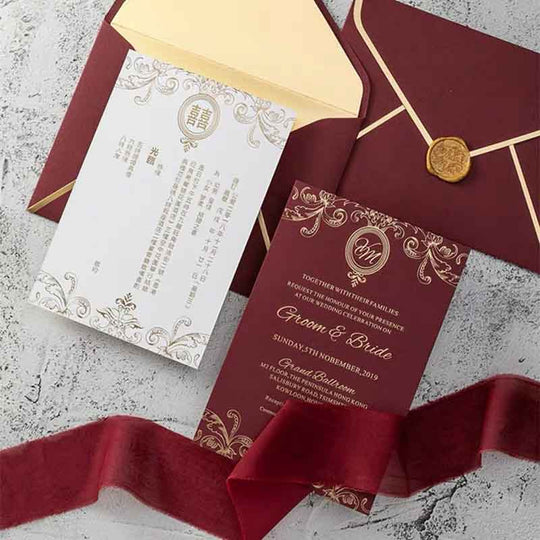 40 SETS Burgundy Dark Red Gold Foil Chinese Wedding Invitation Set