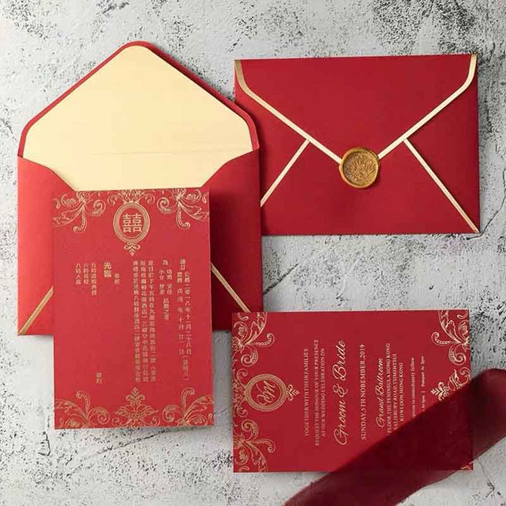 40 PCS Traditional Red Gold Foil Chinese Wedding Invitation Set