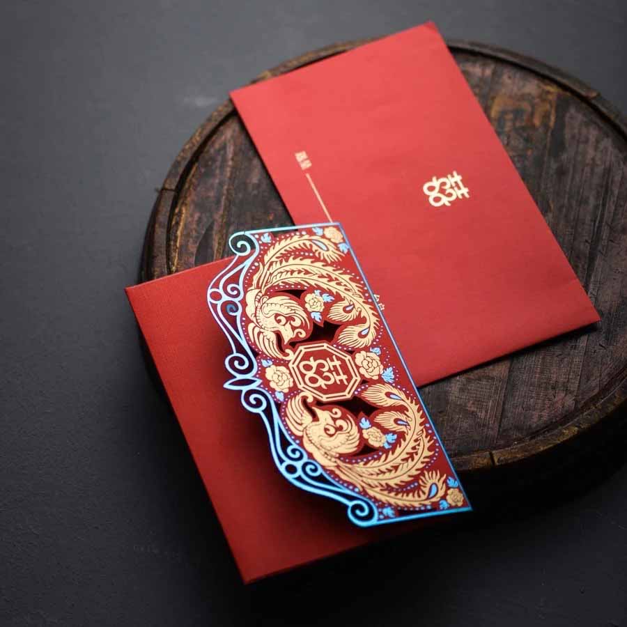 40 SETS Unique Laser Cut Chinese Wedding Invitation Set with Blue Envelope Linings