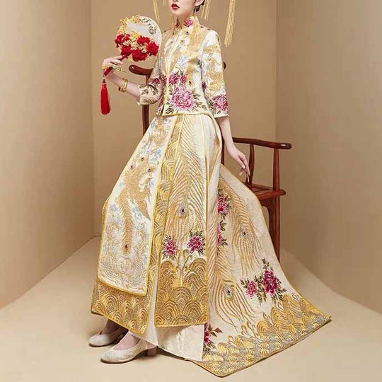 Wedding Qun Kua 龍鳳卦/秀禾服 for Bride in Gold with Floral and Peacock Embroidery with Beads