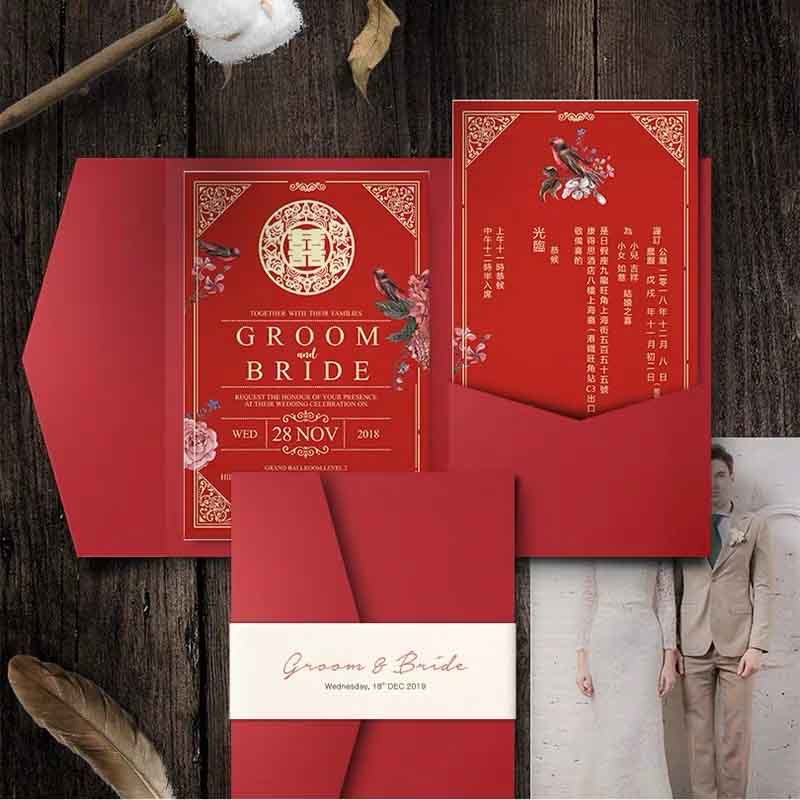 40 SETS Classic Chinese Red Wedding Invitations with a Tri-Fold Envelope Pocket
