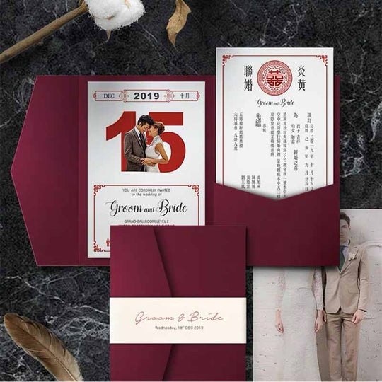 40 SETS Chinese Design Border Wedding Invitations with a Tri-Fold Envelope Pocket