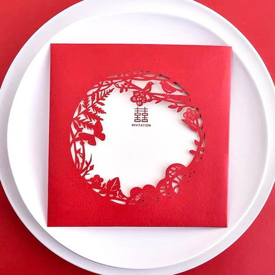 40 SETS Chinese Laser Cut Red Floral Wedding Invitation Set with Delicate Birds & Flower Pattern