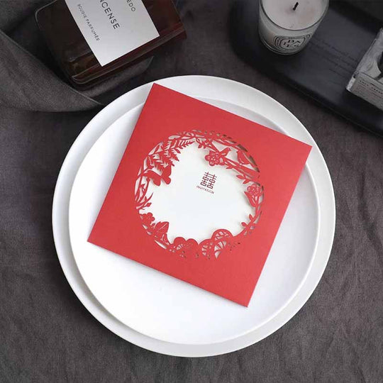 40 SETS Chinese Laser Cut Red Floral Wedding Invitation Set with Delicate Birds & Flower Pattern