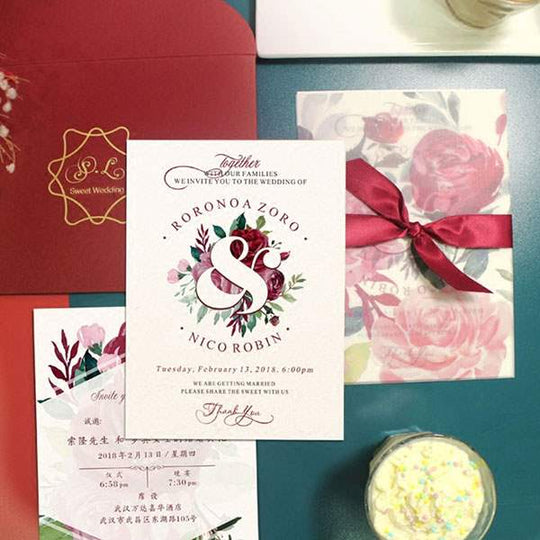 60 SETS Red Floral Wedding Invitations with Vellum Paper & Red Bow