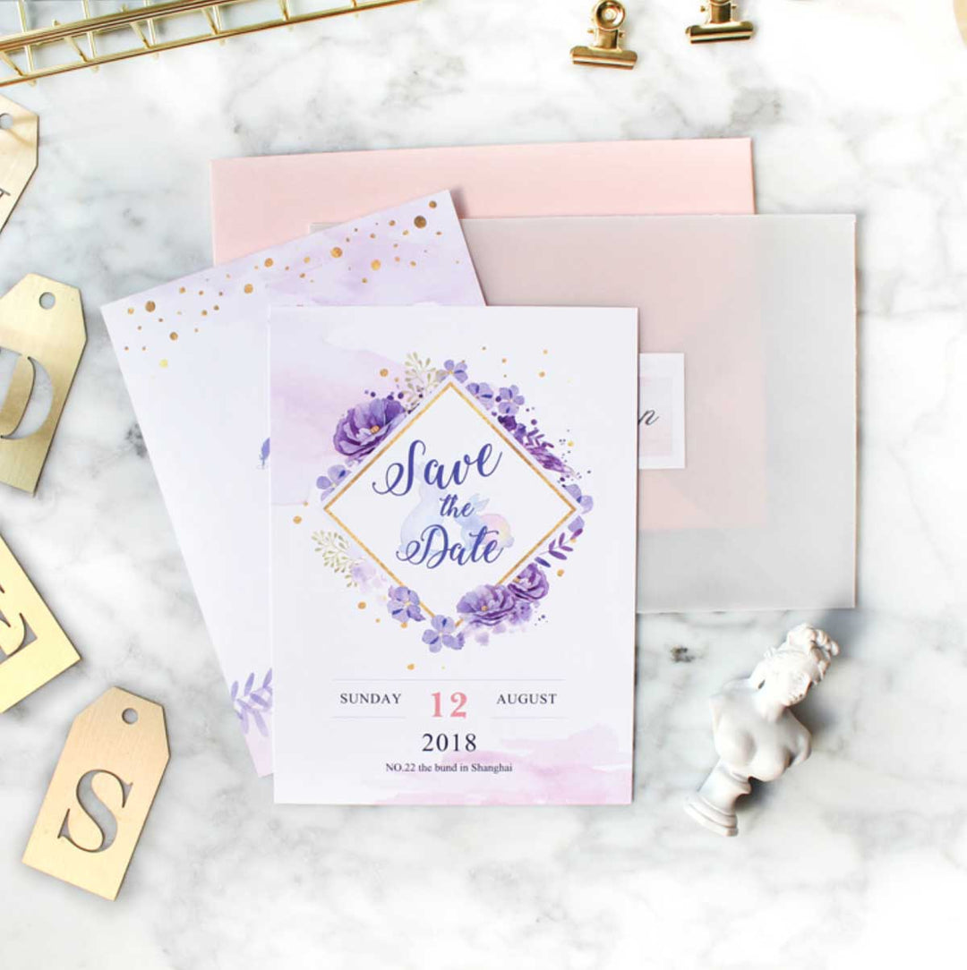 60 SETS Lavender & Gold Invites - Main Invite & Translucent Sheer Envelopes with Vellum