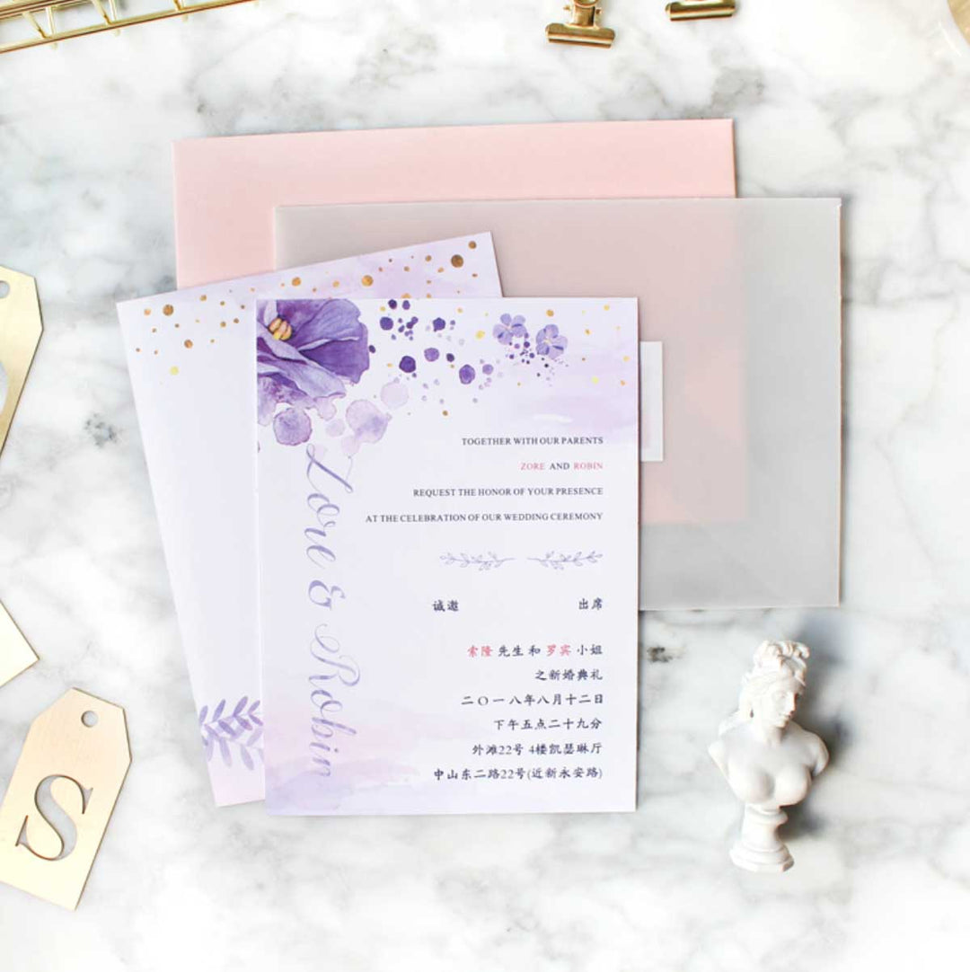60 SETS Lavender & Gold Invites - Main Invite & Translucent Sheer Envelopes with Vellum