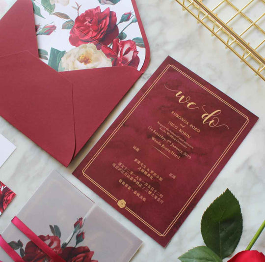 60 SETS Burgundy Red Floral Main Invitation with Sheer Slip & Envelope with Floral Lining